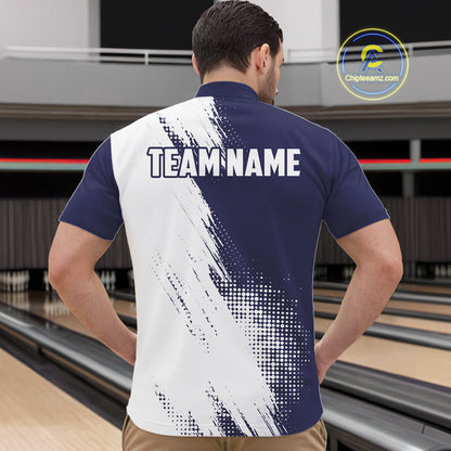 Custom Blue and White Strike Bowling Shirts Men Polo, Quarter Zip Bowling Team Jerseys Bowling League NQS10826