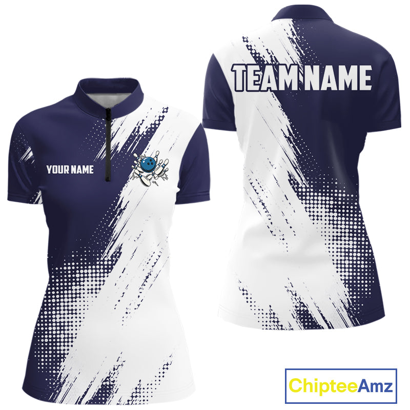 Custom Blue and White Strike Bowling Shirts Women Polo, 1/4 Zip Bowling Team Jerseys Bowling League NQS10826