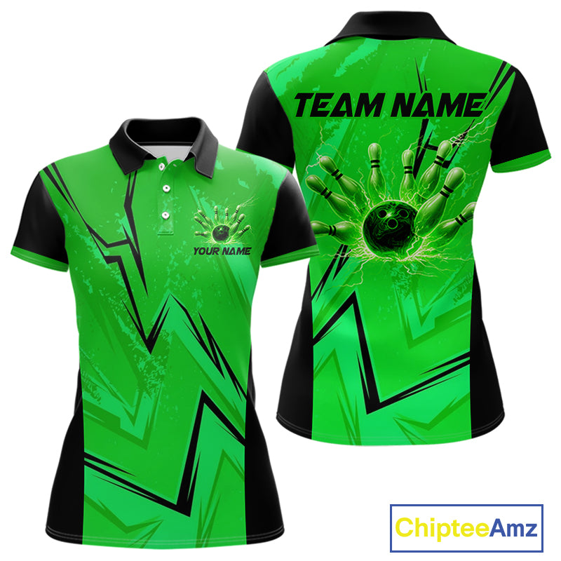 Personalized Green Lightning Thunder Bowling Polo, Quarter Zip Shirts For Women, Team Bowling Jersey NQS10832