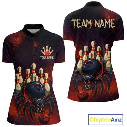 Personalized Funny Angry Spider Bowling Team Polo, 1/4 Zip Shirts For Women, Spider Bowling Jerseys NQS11204