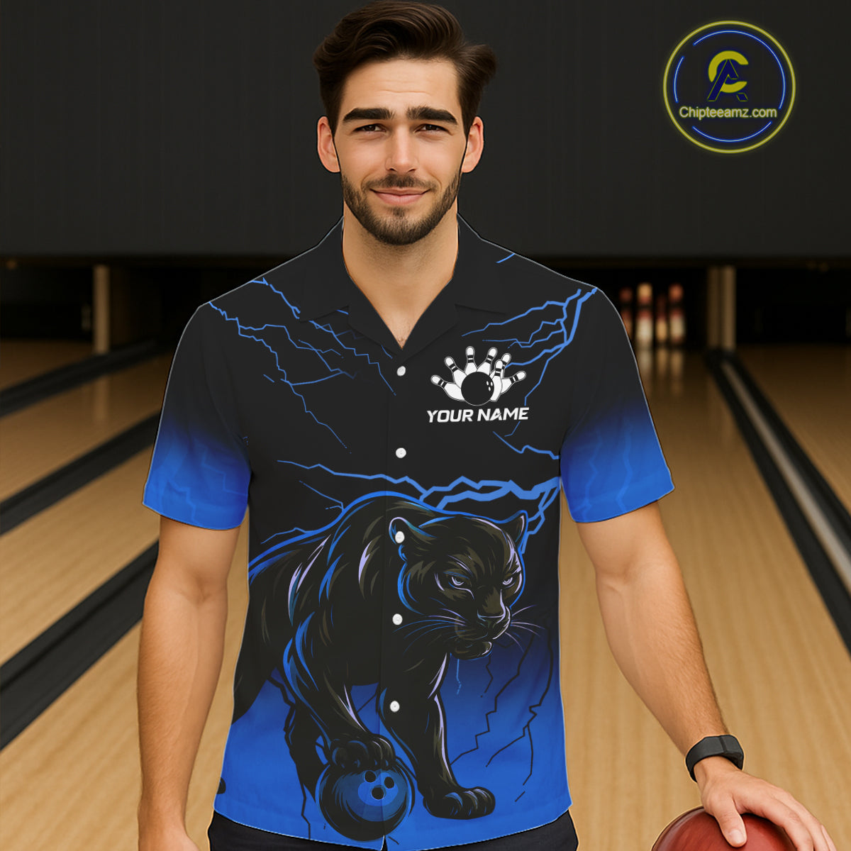 Black and Blue Lightning Thunder Panther Bowling Team Hawaiian Shirt Custom Panther Bowling Jerseys NQS11205