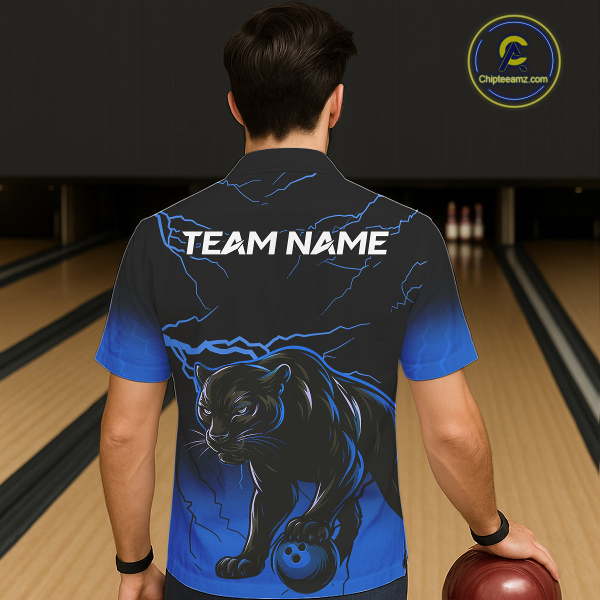 Black and Blue Lightning Thunder Panther Bowling Team Hawaiian Shirt Custom Panther Bowling Jerseys NQS11205