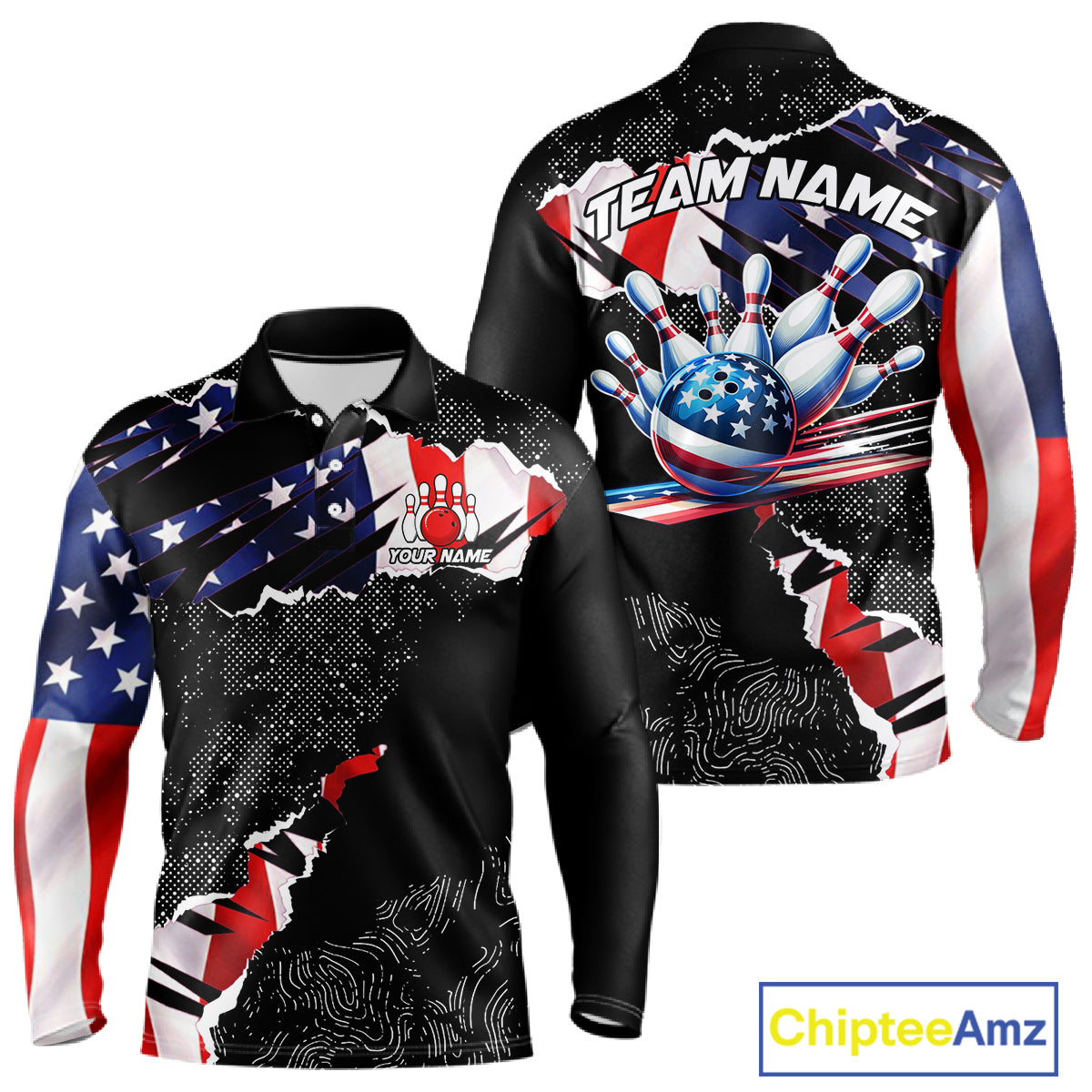 Custom bowling polo shirts, 1/4 zip shirts for men, US Flag patriotic team bowling league shirts NQS11409