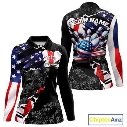 Custom bowling polo shirts, 1/4 zip shirts for Women, US Flag patriotic team bowling league shirts NQS11409