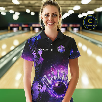 Purple Flame galaxy argyle Custom bowling polo shirts, 1/4 zip for women, team bowling league jerseys NQS11410
