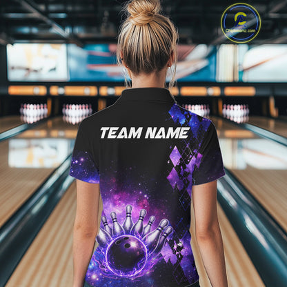 Purple Flame galaxy argyle Custom bowling polo shirts, 1/4 zip for women, team bowling league jerseys NQS11410