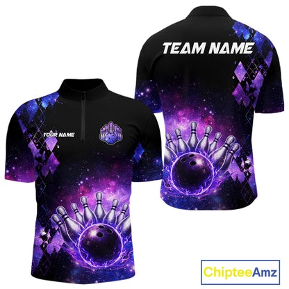Purple Flame galaxy argyle Custom bowling polo shirts, 1/4 zip for men, team bowling league jerseys NQS11410