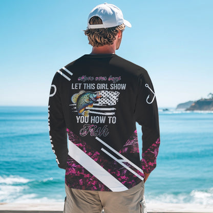 Move over boys let this girl show you how to fish Crappie fishing pink camo custom 3D fishing shirt NQS9471