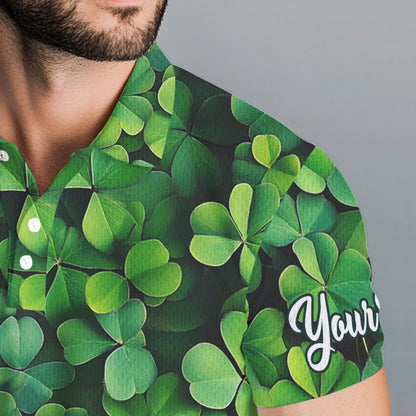Mens golf polo shirts custom Green clover golf pattern white St Patrick Day golf attire for mens NQS9473