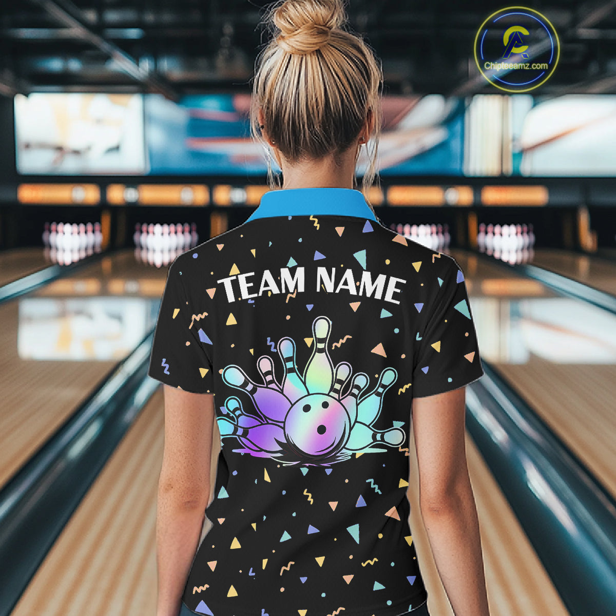 Hologram colors geometric pattern Black Bowling Shirts for Women Custom Team Bowling League Jersey NQS11607