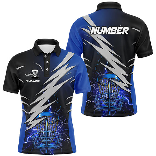 Mens disc golf polo shirts custom blue lightning thunder disc golf basket disc golf attire NQS8006