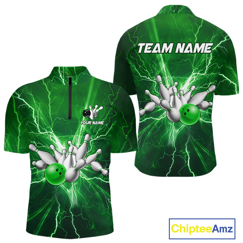 Men's Bowling Shirts Custom Green Lightning Thunder Bowling Team Jersey, gift for team Bowlers NQS10602
