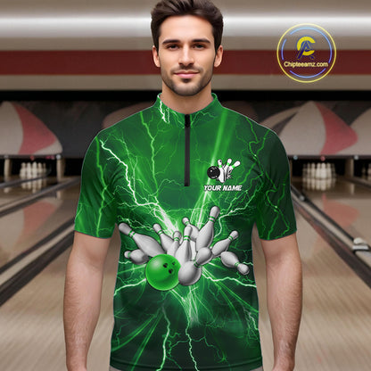 Men's Bowling Shirts Custom Green Lightning Thunder Bowling Team Jersey, gift for team Bowlers NQS10602