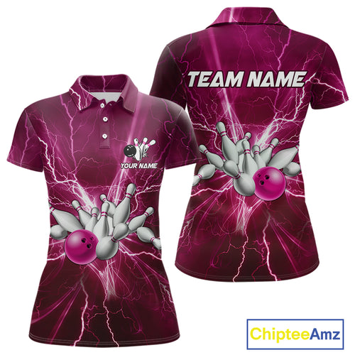 Women's Bowling Shirts Custom Pink Lightning Thunder Bowling Team Jersey, gift for team Bowlers NQS10603