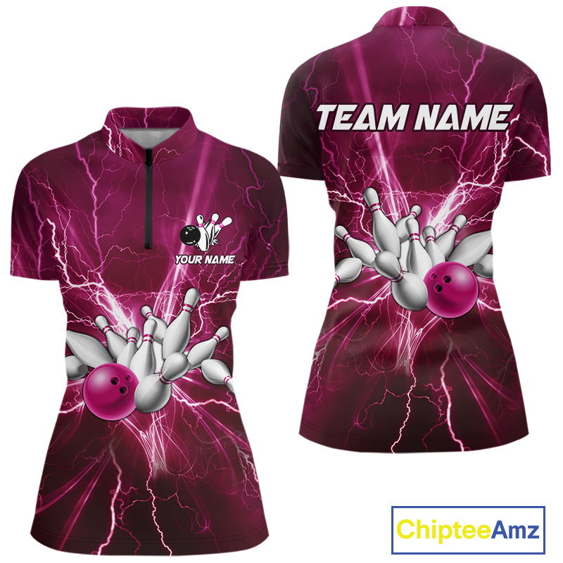 Women's Bowling Shirts Custom Pink Lightning Thunder Bowling Team Jersey, gift for team Bowlers NQS10603