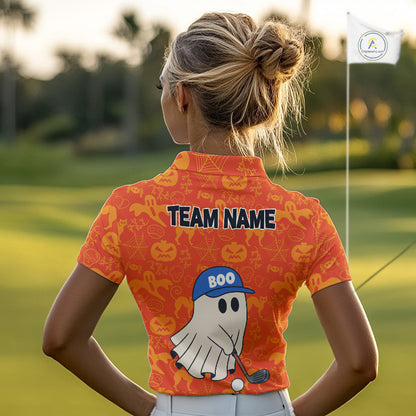 Personalized Funny Halloween Boo Orange Pattern Women Golf Polo Shirts, Halloween ladies Golf Attire NQS10837