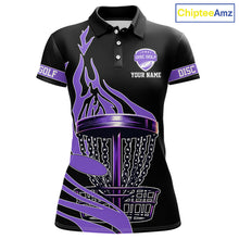 Load image into Gallery viewer, Black and Purple Flame Disc golf polo shirts For Women Custom disc golf outfit, disc golf gifts NQS10842