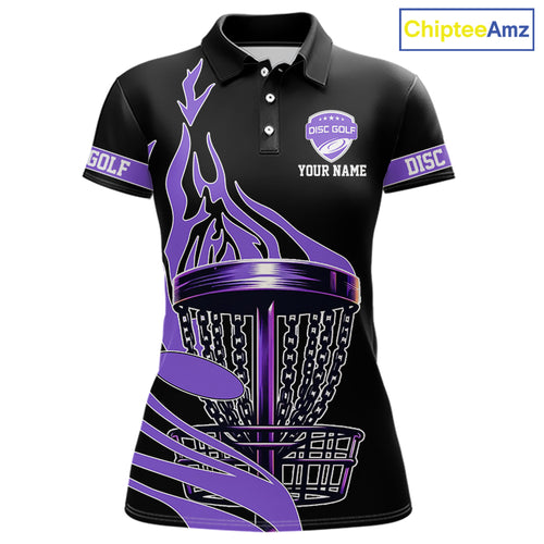 Black and Purple Flame Disc golf polo shirts For Women Custom disc golf outfit, disc golf gifts NQS10842