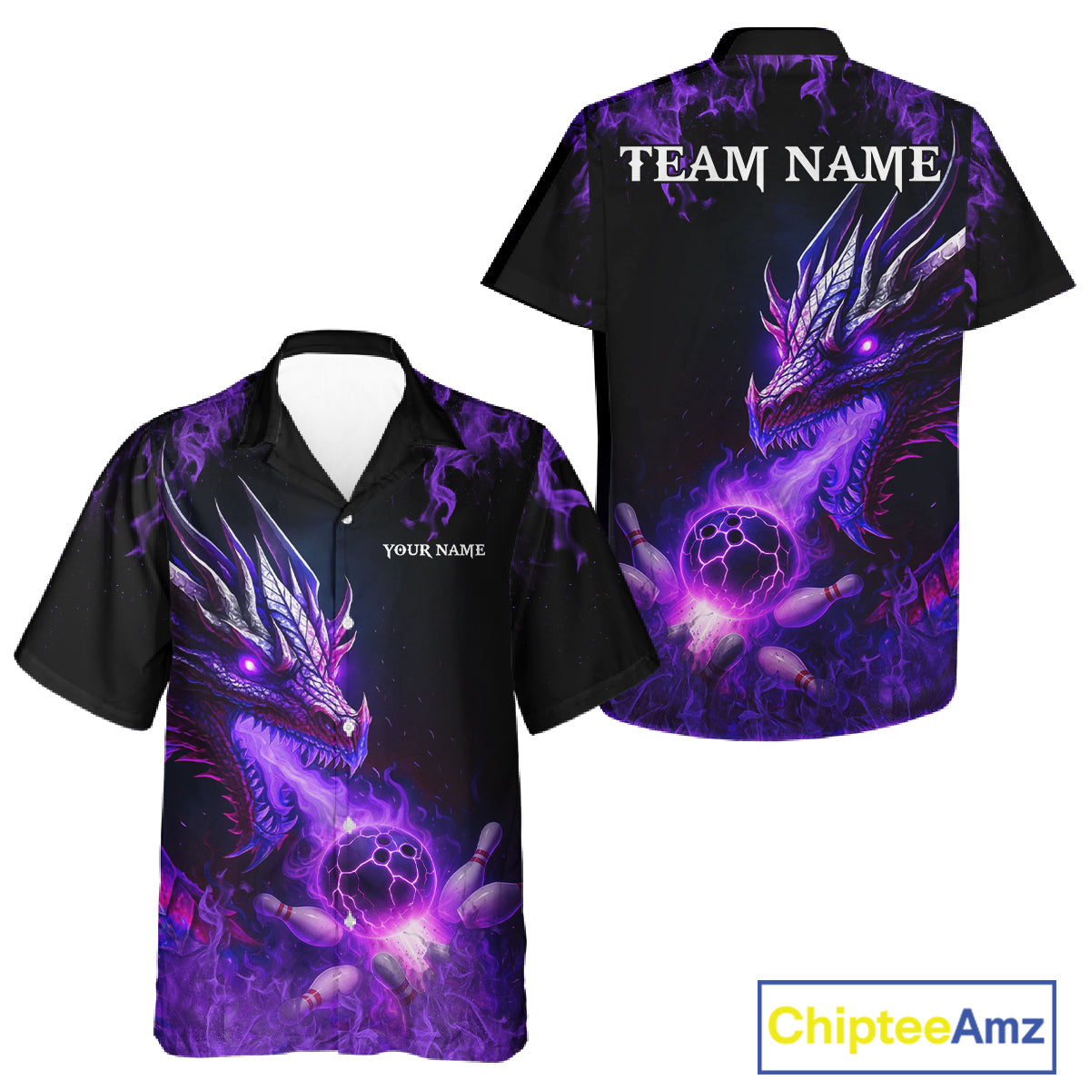 Black and Purple Flame Dragon Bowling Hawaiian Shirt Custom Dragon Bowling Team Jerseys NQS11211