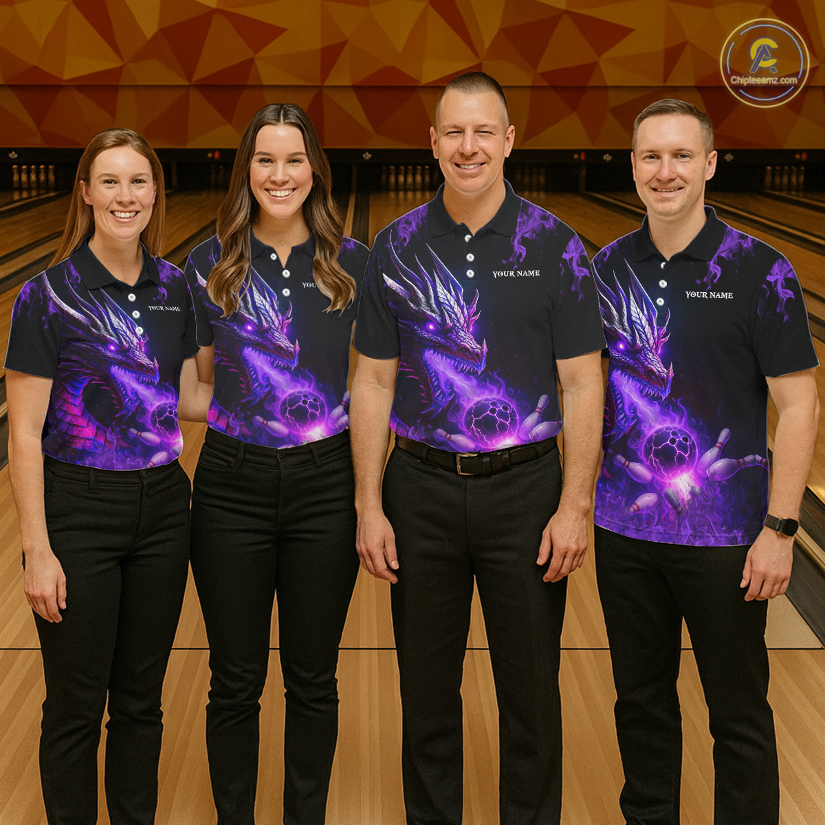 Black and Purple Flame Dragon Bowling Polo, 1/4 Zip Shirts Women Custom Dragon Bowling Team Jerseys NQS11211