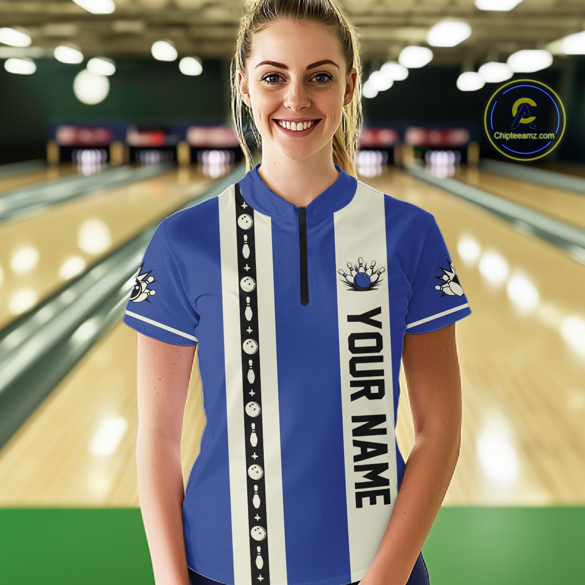 Blue Retro Bowling Polo, Quarter Zip Shirts For Women Custom Vintage Bowling Team Jerseys NQS11212