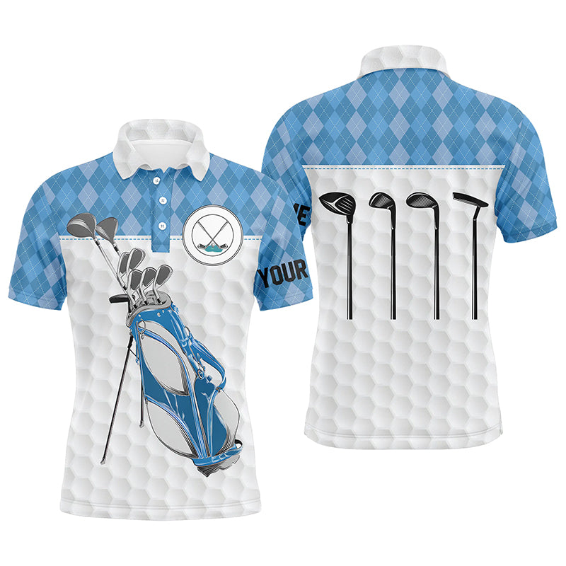 Golf bag clubs custom polo golf shirt for men, blue argyle pattern mens golf tops NQS4652