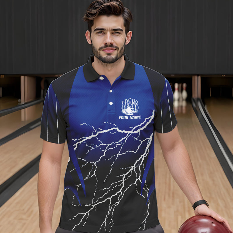 Black and Blue Lightning thunder Bowling Polo, Quarter Zip shirts for Men Custom Bowling Team Jerseys NQS9346