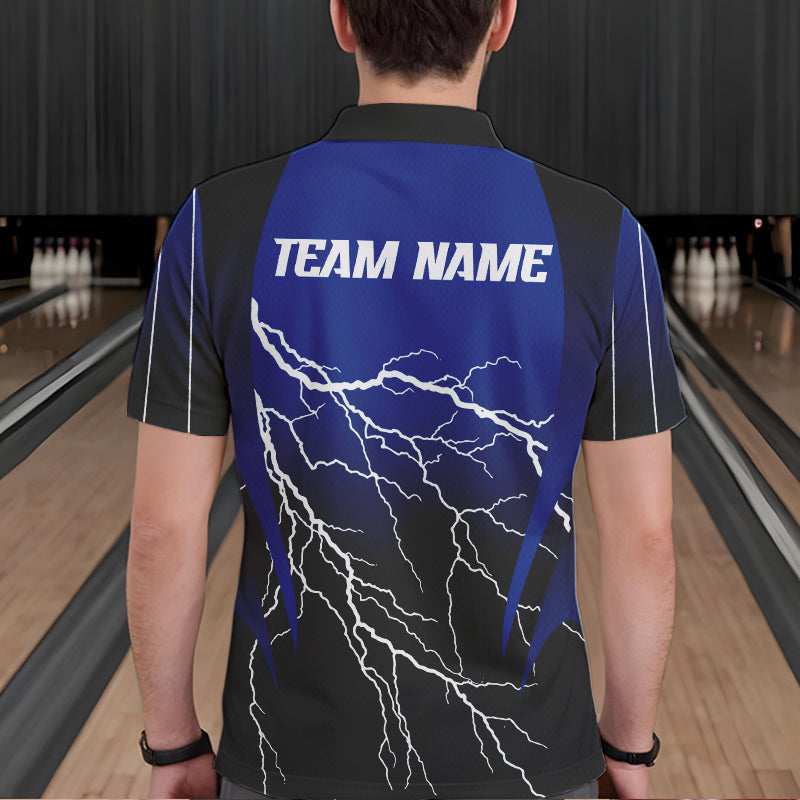 Black and Blue Lightning thunder Bowling Polo, Quarter Zip shirts for Men Custom Bowling Team Jerseys NQS9346