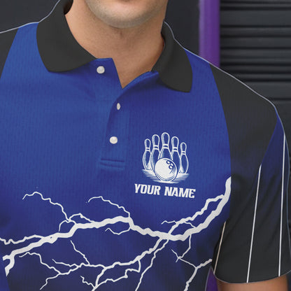 Black and Blue Lightning thunder Bowling Polo, Quarter Zip shirts for Men Custom Bowling Team Jerseys NQS9346