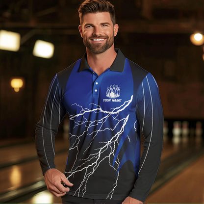 Black and Blue Lightning thunder Bowling Polo, Quarter Zip shirts for Men Custom Bowling Team Jerseys NQS9346