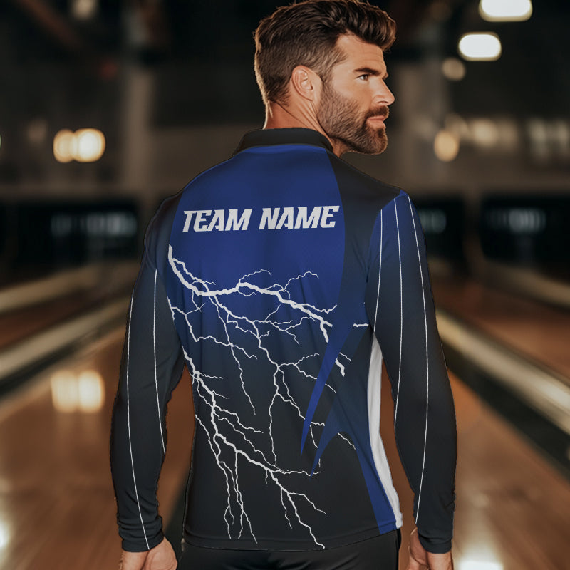 Black and Blue Lightning thunder Bowling Polo, Quarter Zip shirts for Men Custom Bowling Team Jerseys NQS9346