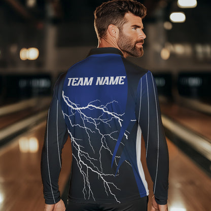 Black and Blue Lightning thunder Bowling Polo, Quarter Zip shirts for Men Custom Bowling Team Jerseys NQS9346