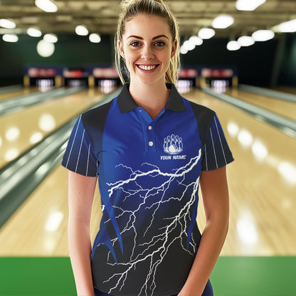 Black and Blue Lightning thunder Bowling Polo, Quarter Zip shirts for Women Custom Bowling Team Jersey NQS9346