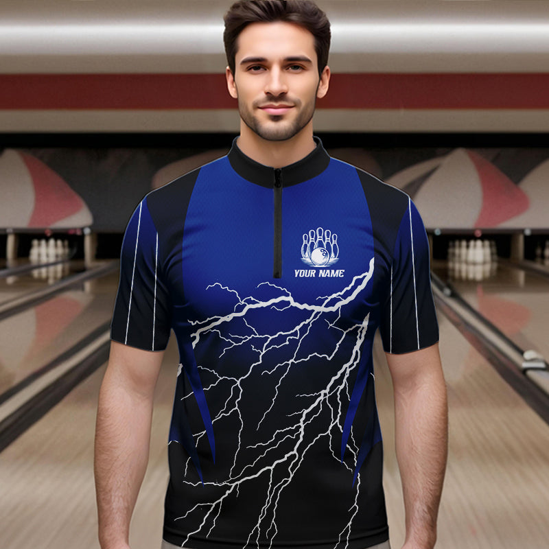 Black and Blue Lightning thunder Bowling Polo, Quarter Zip shirts for Men Custom Bowling Team Jerseys NQS9346
