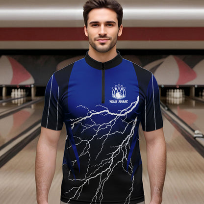 Black and Blue Lightning thunder Bowling Polo, Quarter Zip shirts for Men Custom Bowling Team Jerseys NQS9346
