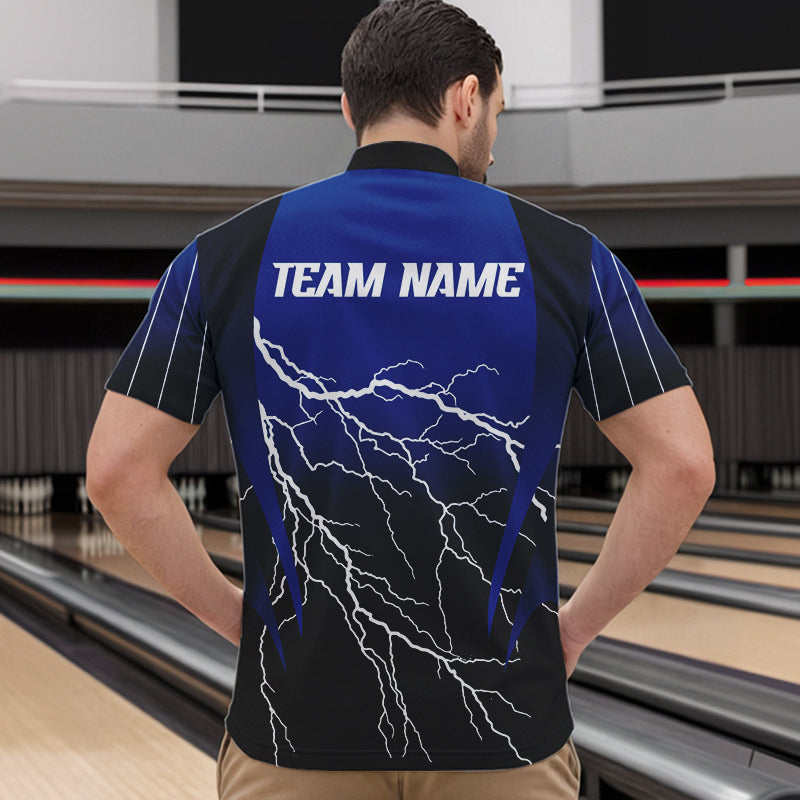 Black and Blue Lightning thunder Bowling Polo, Quarter Zip shirts for Men Custom Bowling Team Jerseys NQS9346