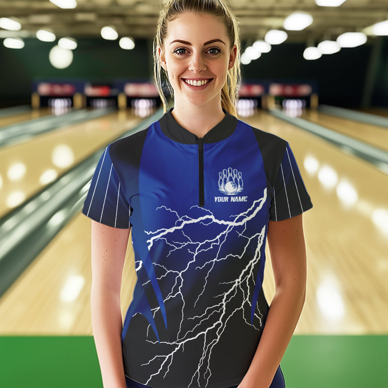Black and Blue Lightning thunder Bowling Polo, Quarter Zip shirts for Women Custom Bowling Team Jersey NQS9346