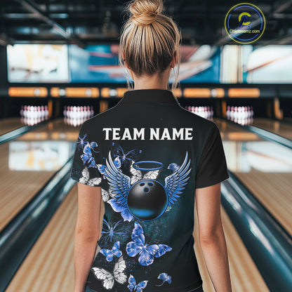 Custom Blue Butterfly Bowling 1/4 zip, Polo Shirt For Women, Bowling Team Shirt With Butterflies NQS11612