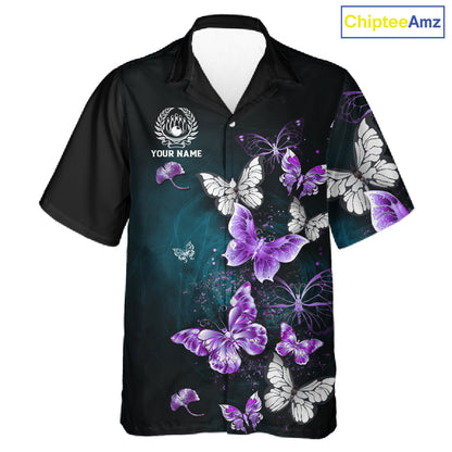 Custom Purple Butterfly Bowling Button-up Shirts, Hawaiian Bowling Team Shirt With Butterflies NQS11613