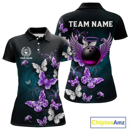 Custom Purple Butterfly Bowling Polo, 1/4 zip jerseys For Women, Bowling Team Shirt With Butterflies NQS11613