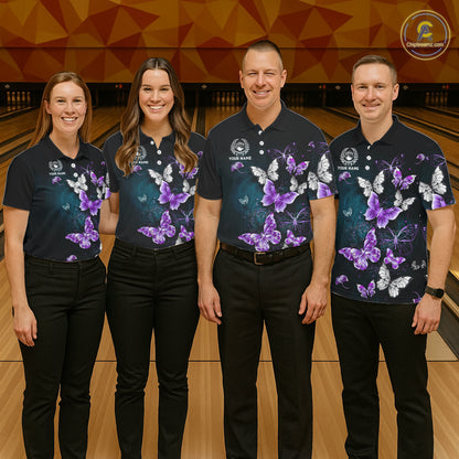 Custom Purple Butterfly Bowling Polo, 1/4 zip jerseys For Women, Bowling Team Shirt With Butterflies NQS11613