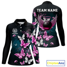 Load image into Gallery viewer, Custom Pink Butterfly Bowling Polo, 1/4 zip jerseys For Women, Bowling Team Shirt With Butterflies NQS11614