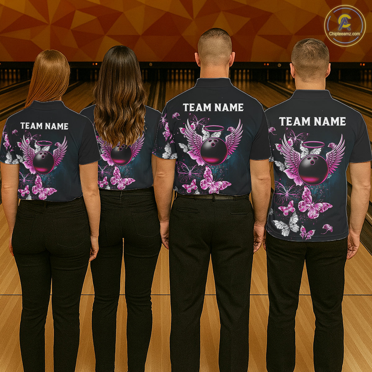 Custom Pink Butterfly Bowling Polo, 1/4 zip jerseys For Women, Bowling Team Shirt With Butterflies NQS11614