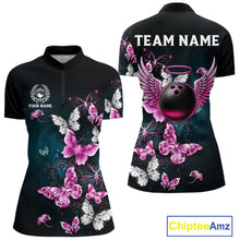 Load image into Gallery viewer, Custom Pink Butterfly Bowling Polo, 1/4 zip jerseys For Women, Bowling Team Shirt With Butterflies NQS11614