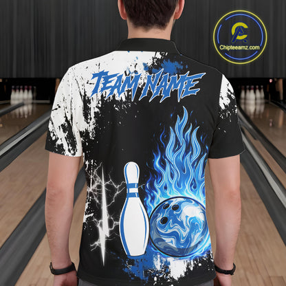 Custom Blue Flame Lightning Thunder Bowling shirts for Men, black and white bowling team jerseys NQS11617