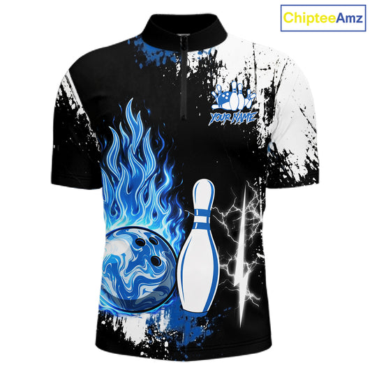 Custom Blue Flame Lightning Thunder Bowling shirts for Men, black and white bowling team jerseys NQS11617