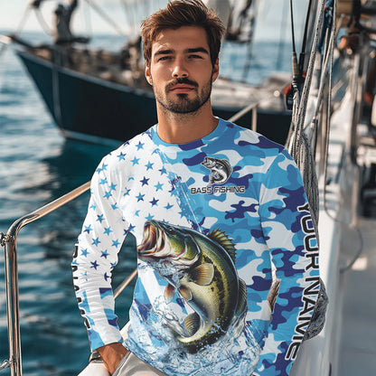 Blue Camo American Flag Bass Fishing Custom Long Sleeve Fishing Shirts Personalized Bass Fishing Gifts NQS9647