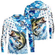 Load image into Gallery viewer, Blue Camo American Flag Bass Fishing Custom Long Sleeve Fishing Shirts Personalized Bass Fishing Gifts NQS9647