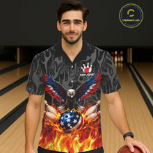 Load image into Gallery viewer, Black &amp; Orange Flame American Flag Eagle Bowling Button-up Shirt Custom Patriotic Bowling Team Jersey NQS11722