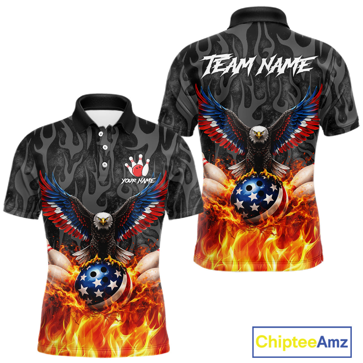 Black and Orange Flame American Flag Eagle Bowling Shirt For Men Custom Patriotic Bowling Team Jersey NQS11722